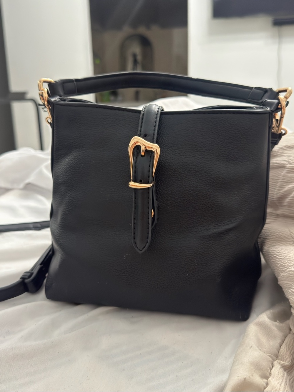 Anne Klein Black Shoulder Bag with Gold Buckle